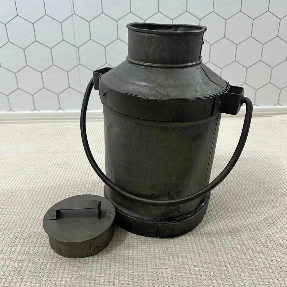 Vintage Rustic Metal Milk Can with Lid Dark Charcoal Farmhouse Decor 13in